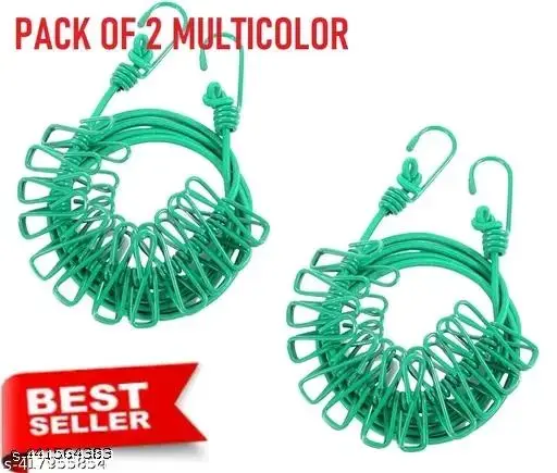 Elastic Portable Travel Clothesline, Green Pack of 2 Portable Drying Rope with 12 Clips and 2 Hooks Green